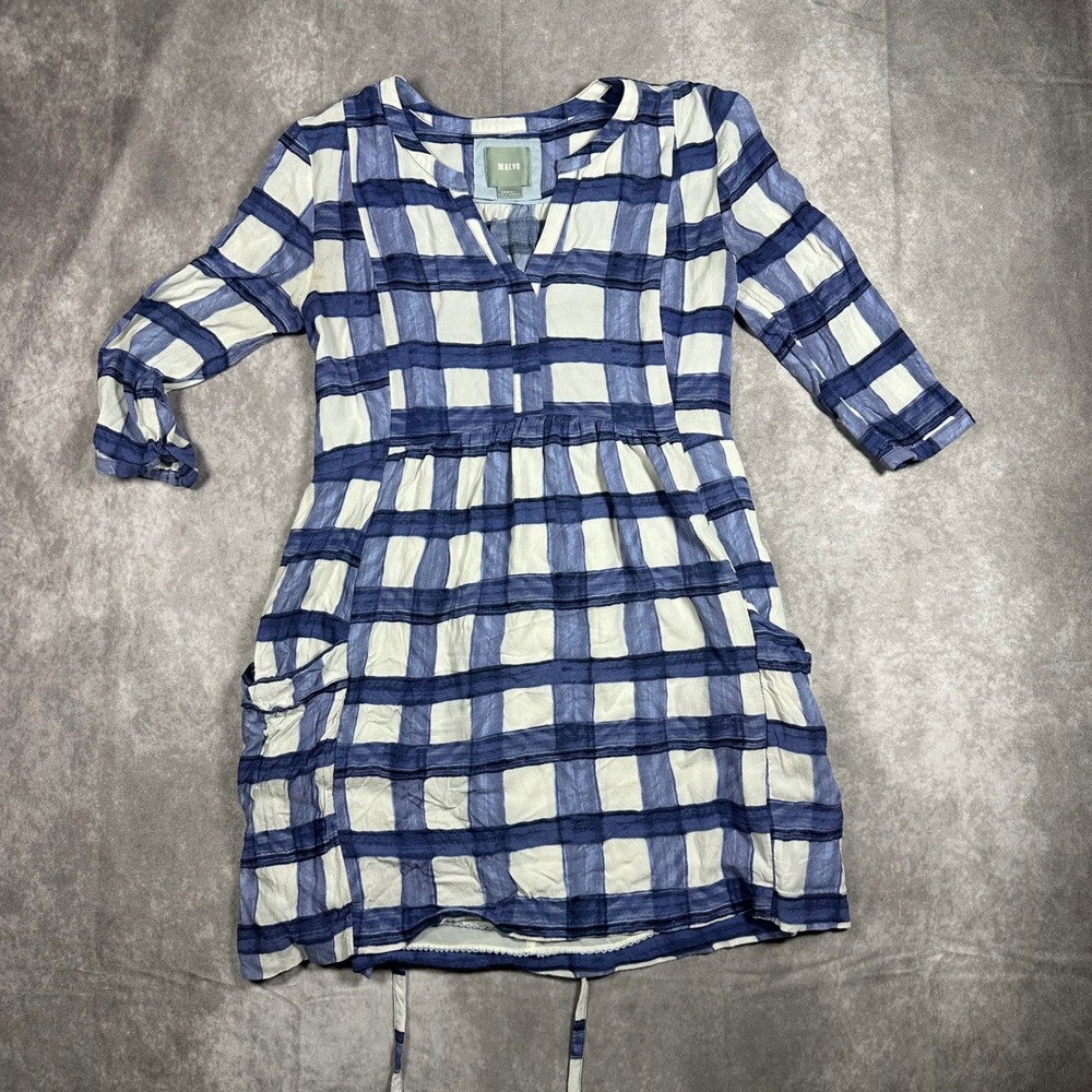 Anthropologie Maeve Blue White Plaid Tunic‎ Mini Dress Womens XS Drawstring Boho